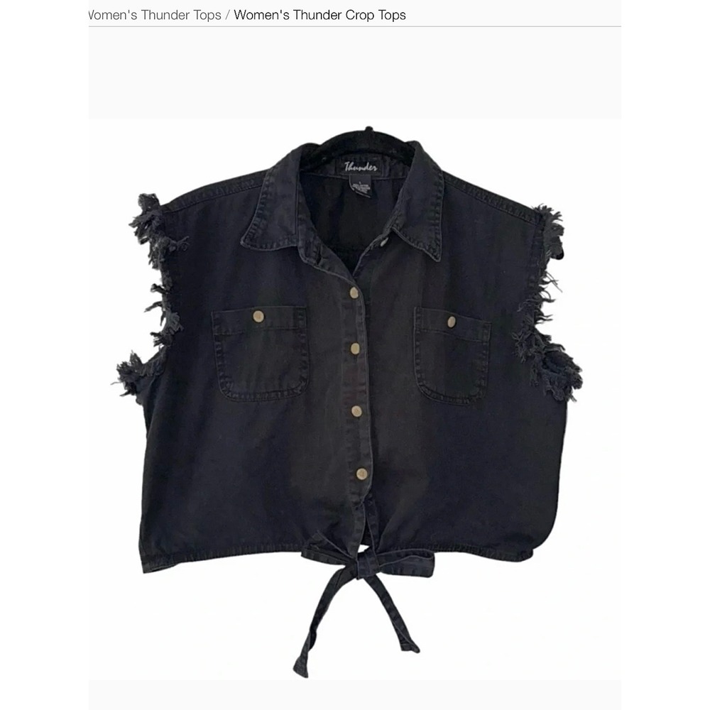 Thunder Womens Black Denim Sleeveless Crop Top Distressed Frayed Tie Front L